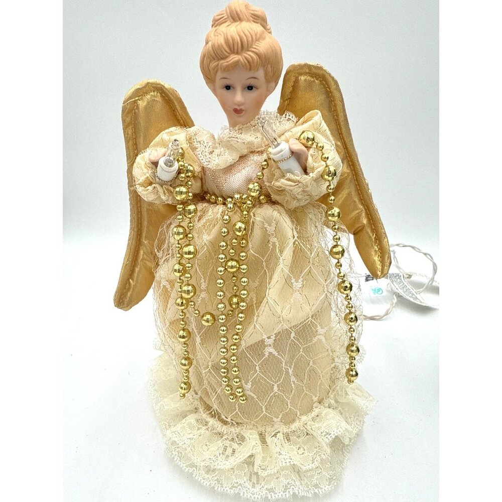 Vintage Porcelain Angel Christmas Tree Topper With Gold Wings & Lights WORKS